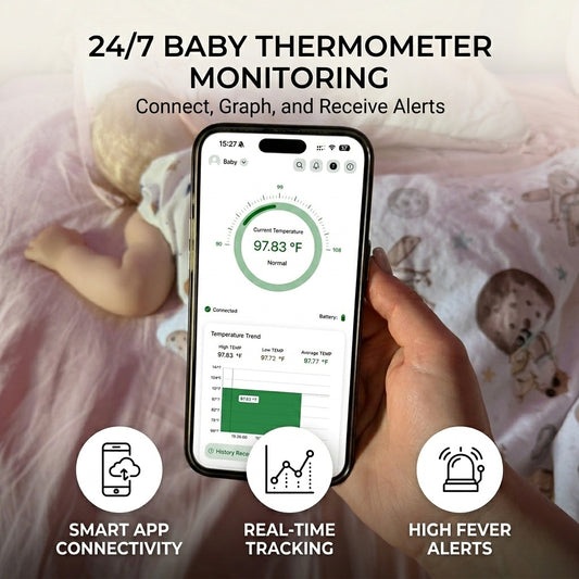 Parent using the Nestories FeverWatch app on a smartphone to monitor a sleeping baby's temperature with features for real-time tracking, smart alerts, and 24/7 monitoring. us-market