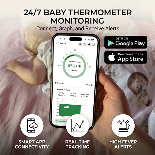 Parent using the Nestories FeverWatch app on a smartphone to monitor a sleeping baby's temperature with features for real-time tracking, smart alerts, and 24/7 monitoring. us-market