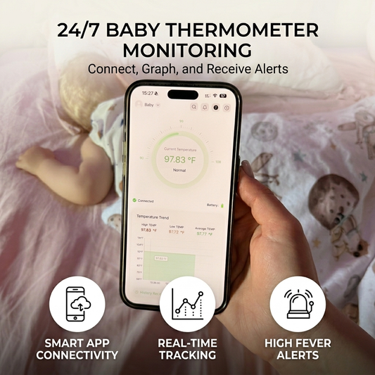 Parent using the Nestories FeverWatch app on a smartphone to monitor a sleeping baby's temperature with features for real-time tracking, smart alerts, and 24/7 monitoring