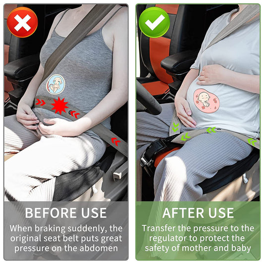 Infographic showing traditional seat belt pressure on pregnancy bump versus safety of NestBelt maternity belt adjuster.
