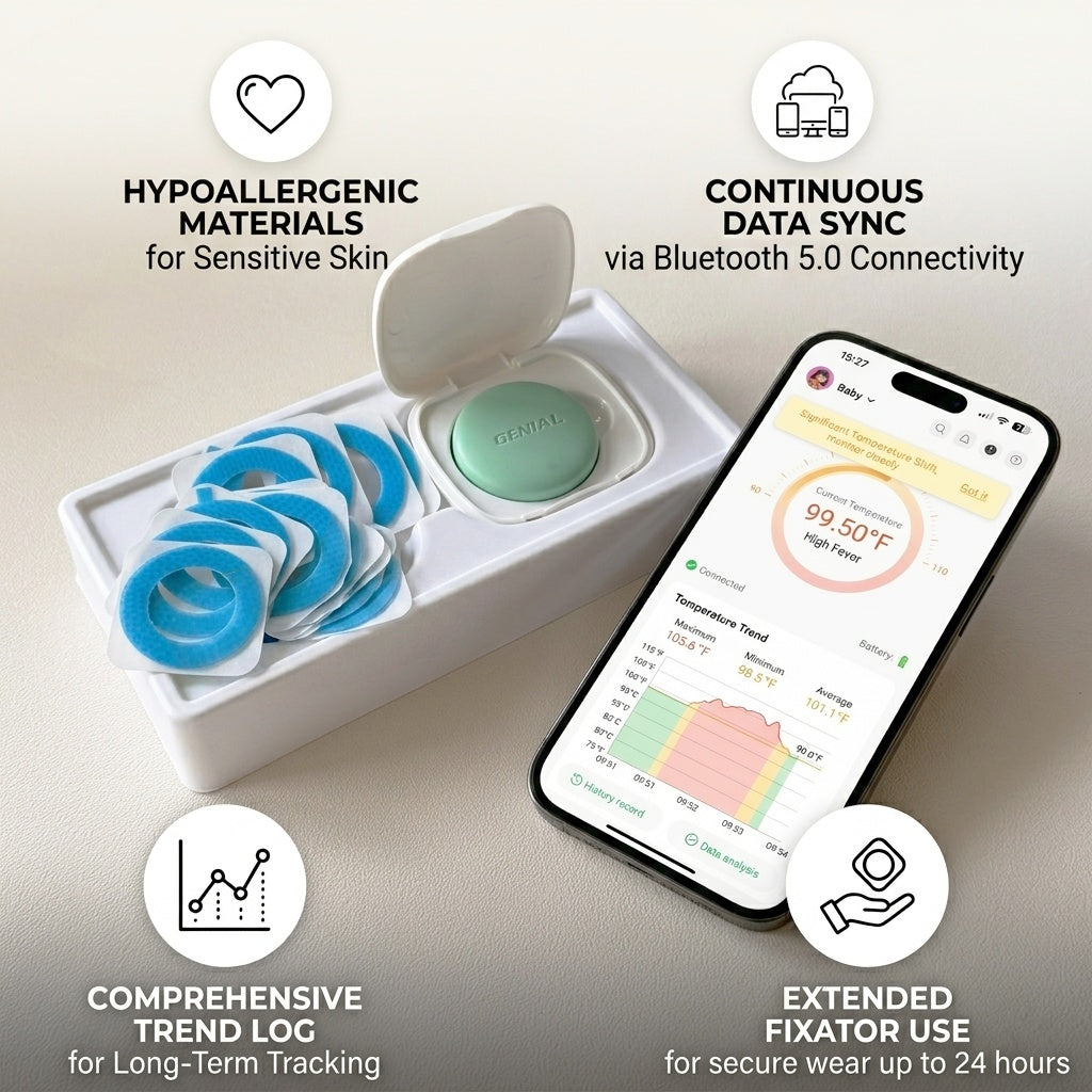 Nestories FeverWatch wearable baby thermometer kit including a charging case, adhesive fixators, and a smartphone app displaying real-time temperature trends in Fahrenheit with Bluetooth 5.0 connectivity for 24/7 monitoring. us-market
