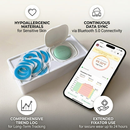 Nestories FeverWatch wearable baby thermometer kit including a charging case, adhesive fixators, and a smartphone app displaying real-time temperature trends in Fahrenheit with Bluetooth 5.0 connectivity for 24/7 monitoring. us-market