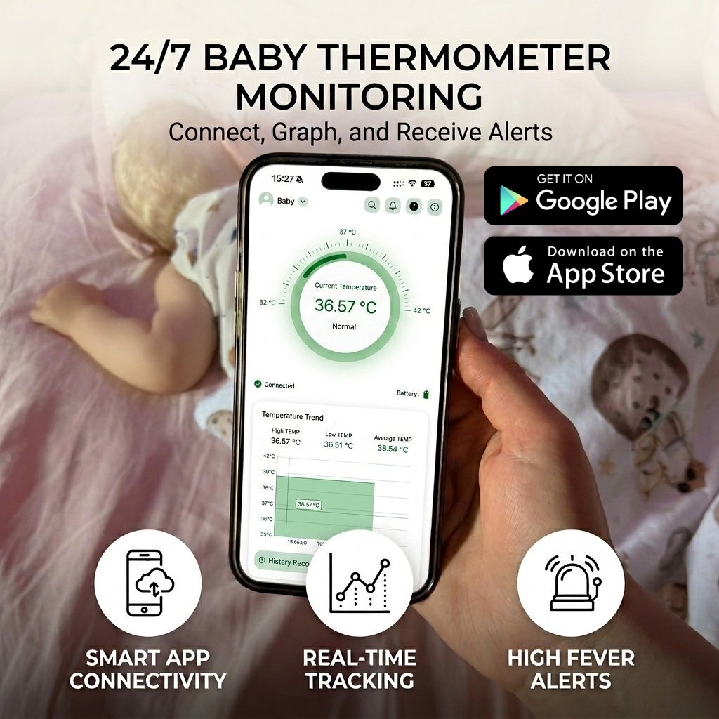 Parent using the Nestories FeverWatch app on a smartphone to monitor a sleeping baby's temperature with features for real-time tracking, smart alerts, and 24/7 monitoring. global-market