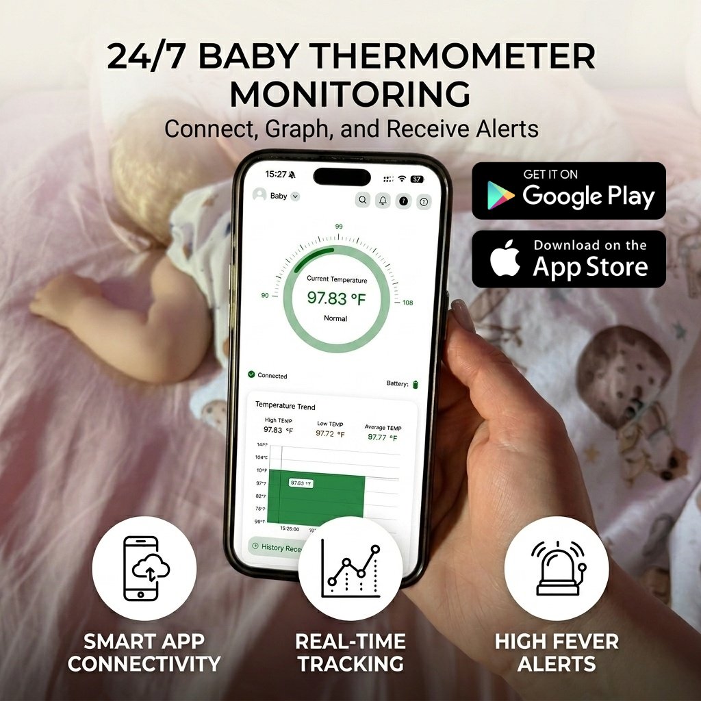 Parent using the Nestories FeverWatch app on a smartphone to monitor a sleeping baby's temperature with features for real-time tracking, smart alerts, and 24/7 monitoring. us-market