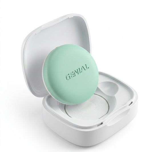 Nestories FeverWatch wearable baby thermometer with mint green sensor in an open white charging case