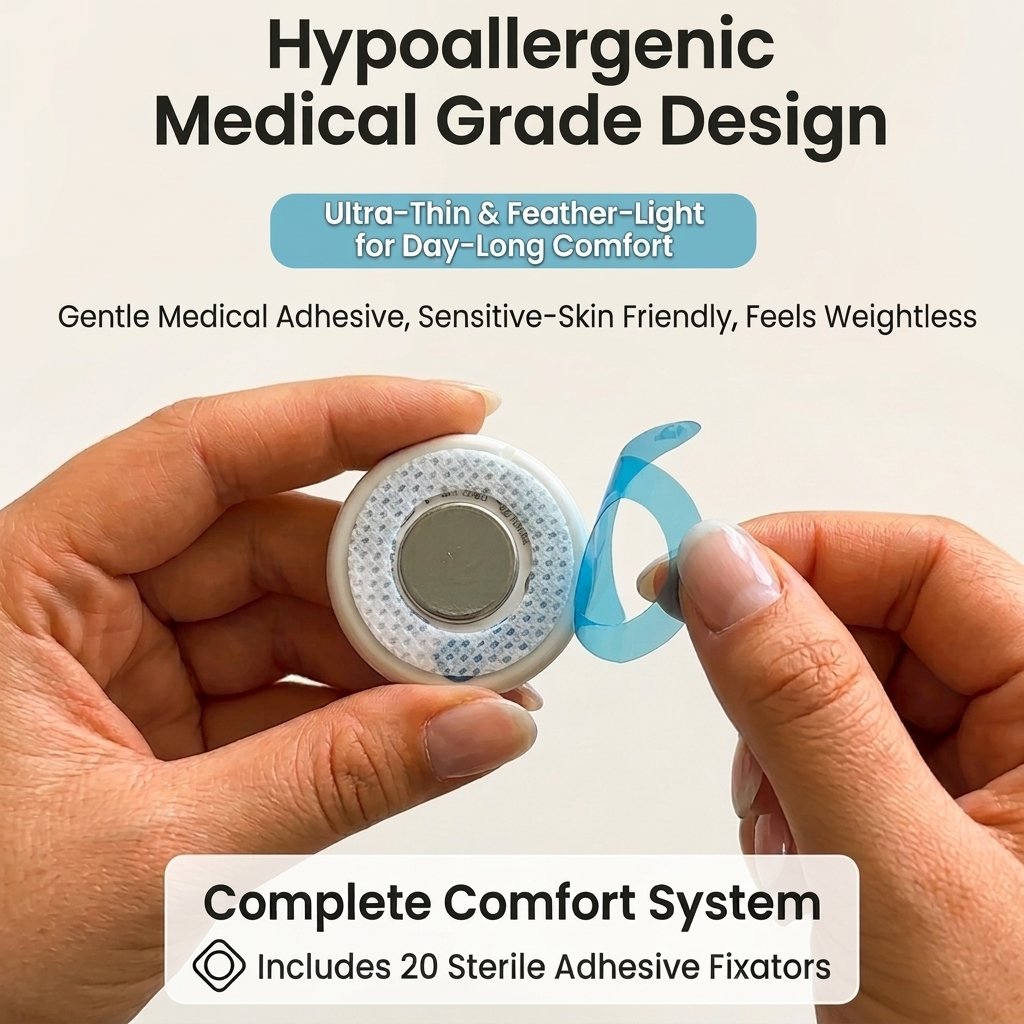 Nestories FeverWatch wearable baby thermometer featuring an ultra-thin, hypoallergenic medical-grade design, including 20 sterile adhesive fixators for gentle day-long comfort.
