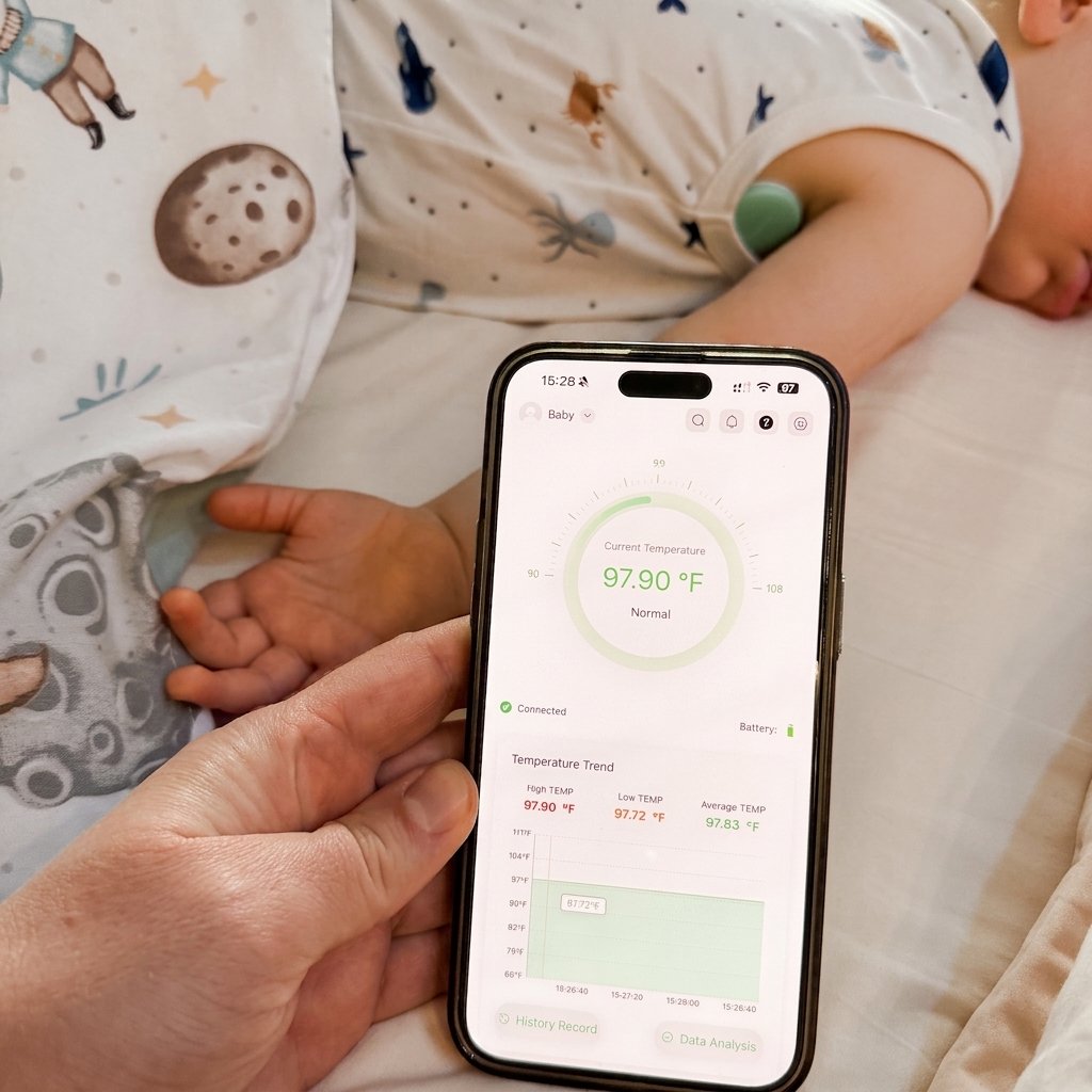 A parent holding a smartphone showing real-time temperature tracking at 97.90 °F on the Nestories FeverWatch app, with a baby sleeping in a crib wearing the smart thermometer sensor. us-market