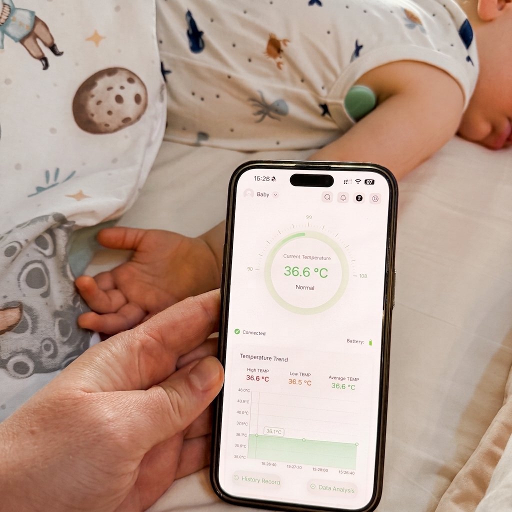 UGC customer photo of Nestories FeverWatch smart baby thermometer app displaying a normal temperature of 36.6 °C on a phone screen while a toddler sleeps safely. global-market